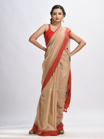 Women's Muga cotton with red border handwoven jamdani saree