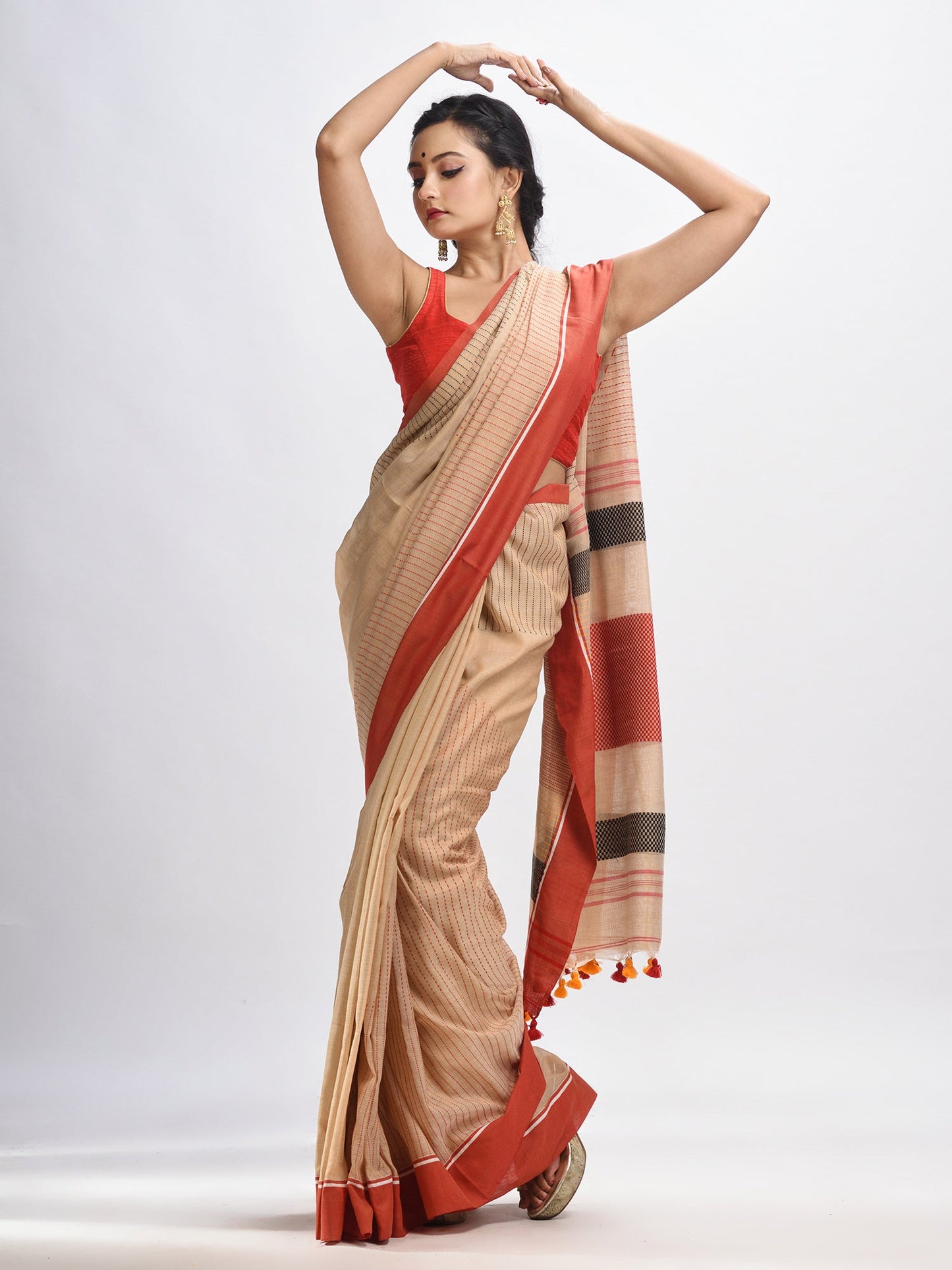Women's Muga cotton with red border handwoven jamdani saree