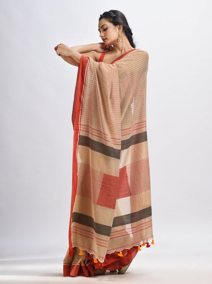 Women's Muga cotton with red border handwoven jamdani saree