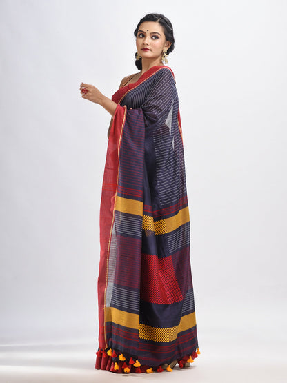 Women's Dark grey cotton with red border handwoven jamdani saree