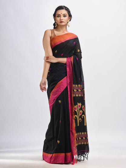 Women's Black cotton Jacquard jamdani saree