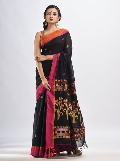 Women's Black cotton Jacquard jamdani saree