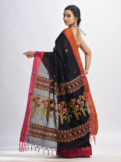 Women's Black cotton Jacquard jamdani saree