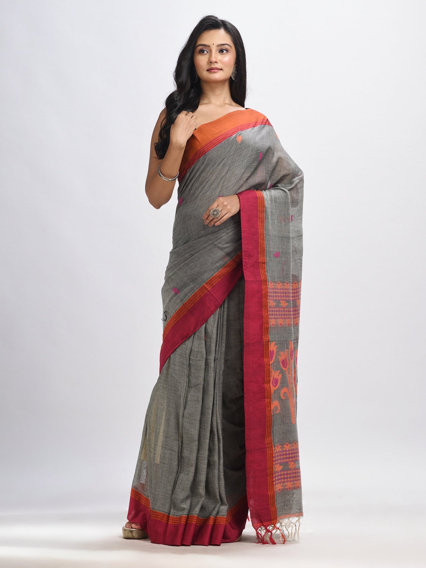 Women's Grey cotton Jacquard jamdani saree