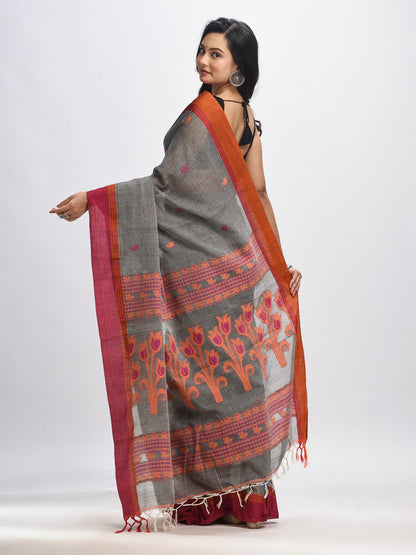 Women's Grey cotton Jacquard jamdani saree