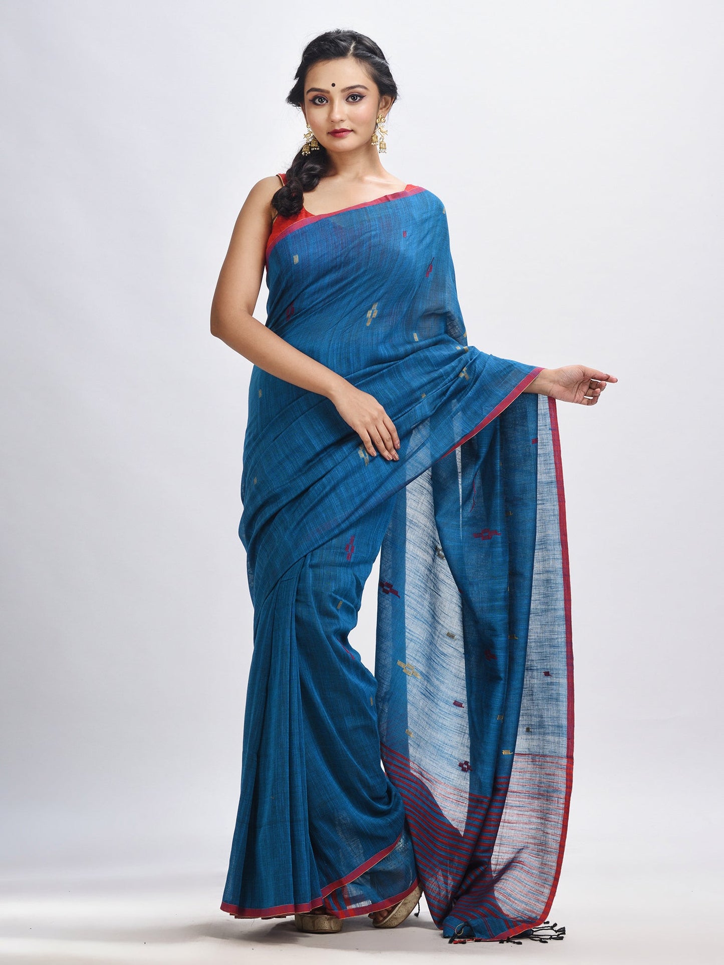 Women's Turquoise cotton pallu stipe handwoven jamdani saree