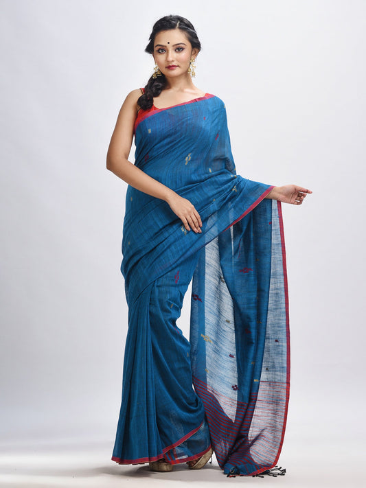 Women's Turquoise cotton pallu stipe handwoven jamdani saree