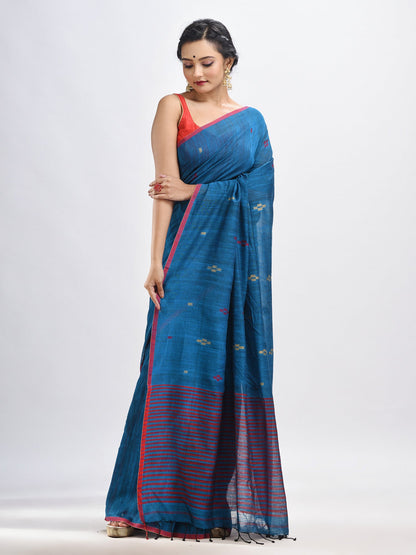 Women's Turquoise cotton pallu stipe handwoven jamdani saree
