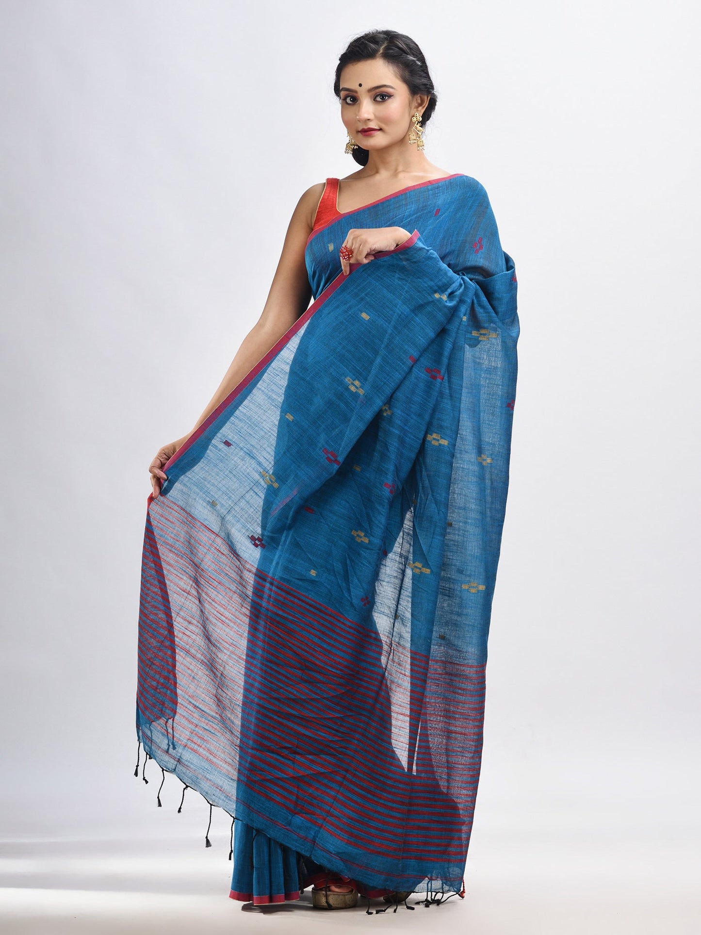 Women's Turquoise cotton pallu stipe handwoven jamdani saree