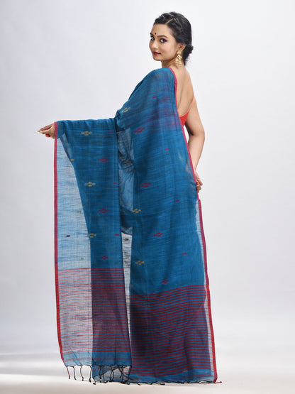 Women's Turquoise cotton pallu stipe handwoven jamdani saree