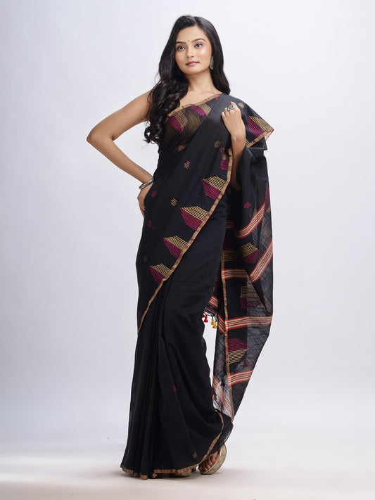 Women's Black cotton temple broder handwoven jamdani saree