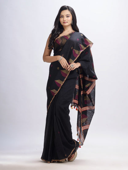 Women's Black cotton temple broder handwoven jamdani saree