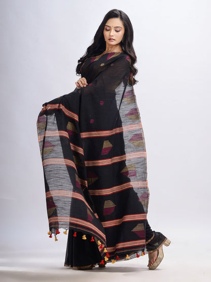 Women's Black cotton temple broder handwoven jamdani saree