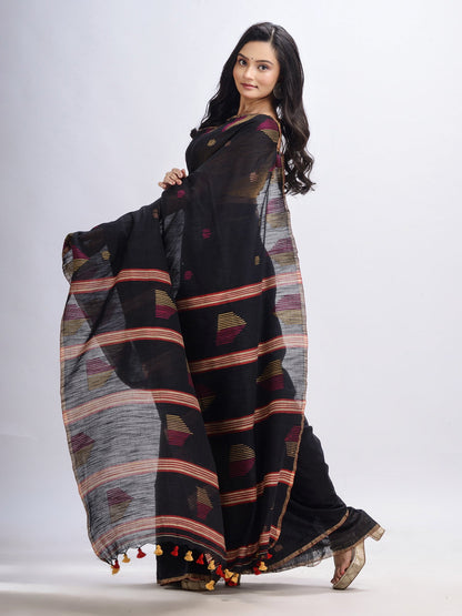 Women's Black cotton temple broder handwoven jamdani saree