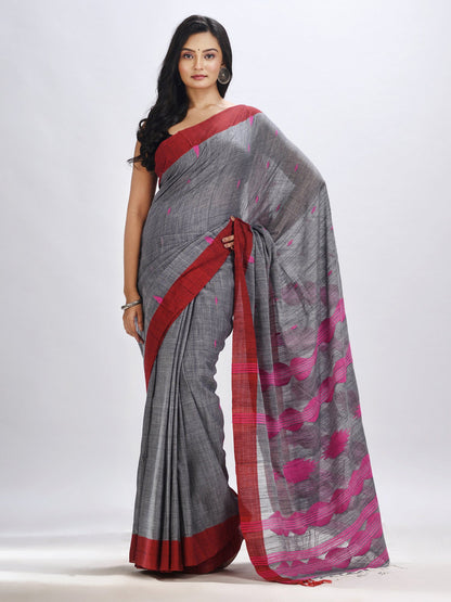 Women's Grey cotton temple broder handwoven jamdani saree