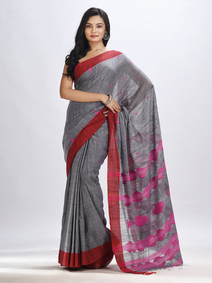 Women's Grey cotton temple broder handwoven jamdani saree
