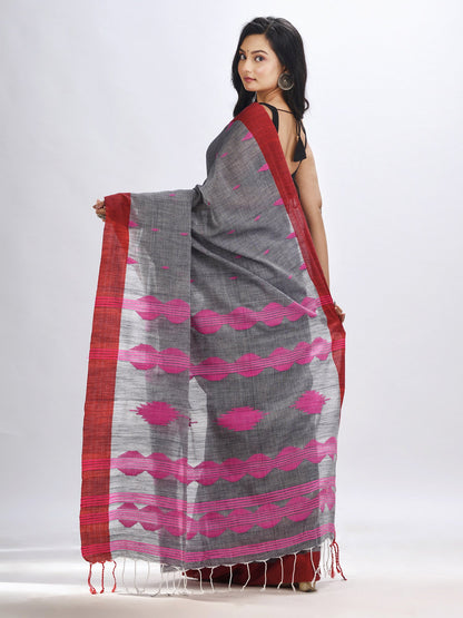 Women's Grey cotton temple broder handwoven jamdani saree