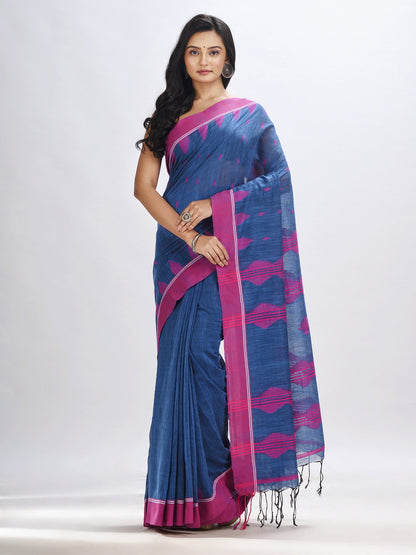 Women's Dusky blue cotton temple broder handwoven jamdani saree