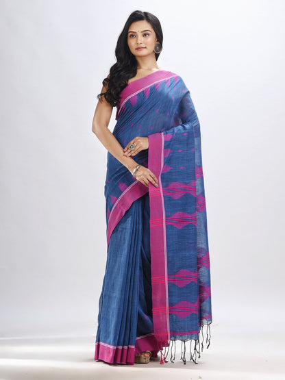 Women's Dusky blue cotton temple broder handwoven jamdani saree