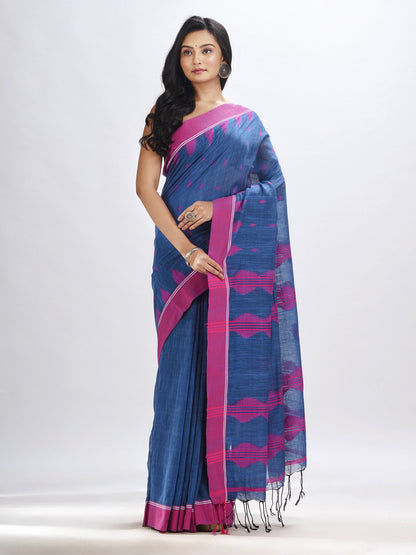 Women's Dusky blue cotton temple broder handwoven jamdani saree