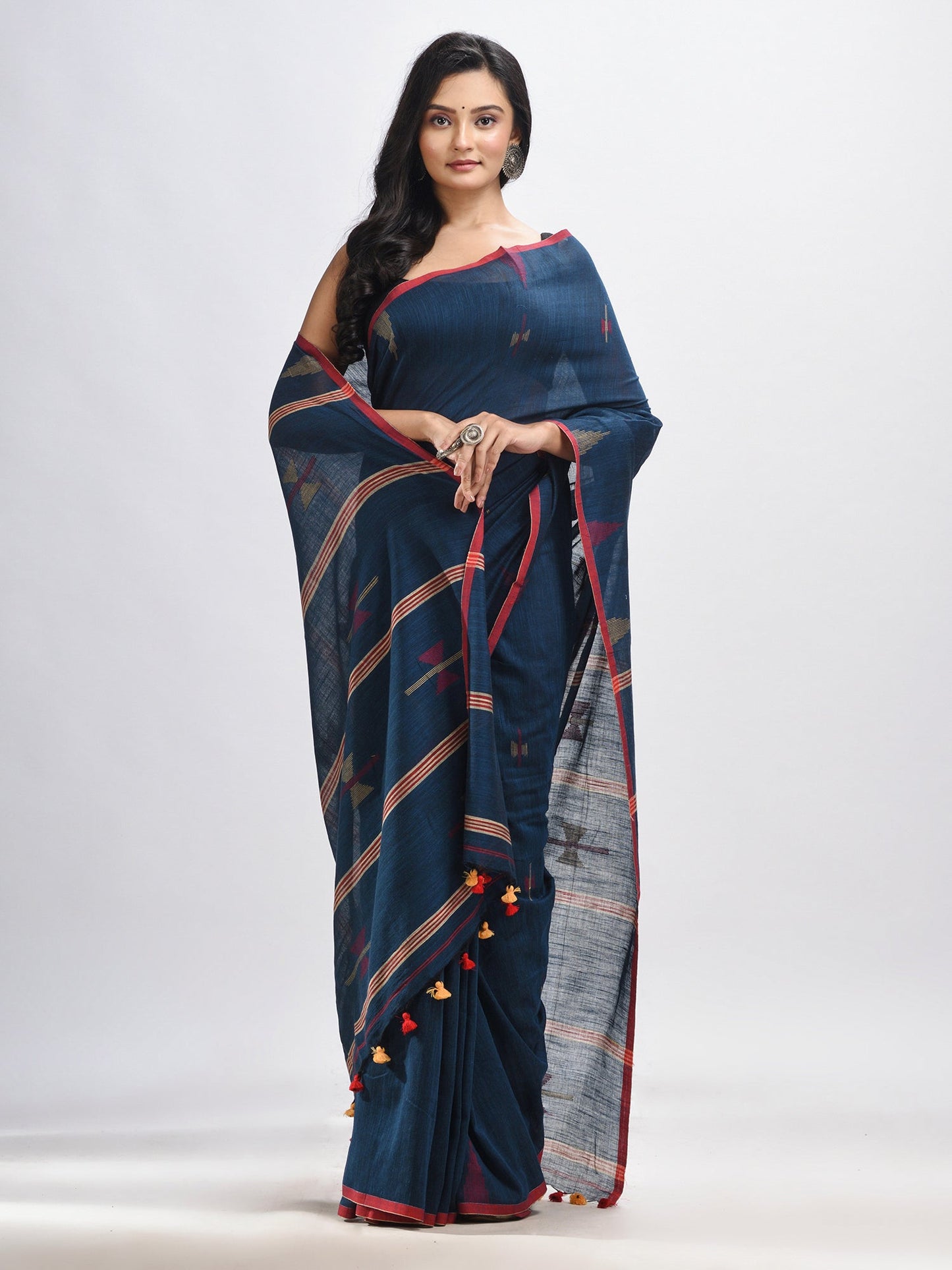 Women's Darck blue cotton pallu stipe with handwoven jamdani saree