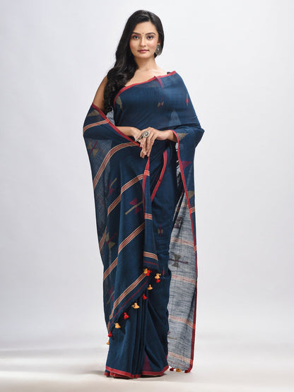 Women's Darck blue cotton pallu stipe with handwoven jamdani saree