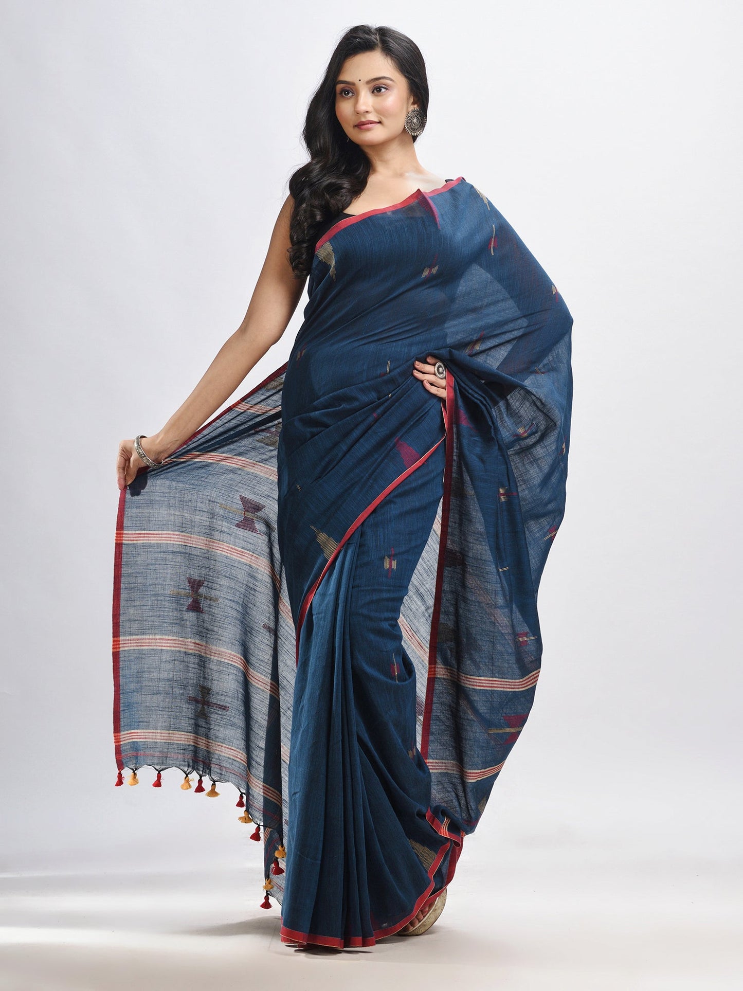 Women's Darck blue cotton pallu stipe with handwoven jamdani saree