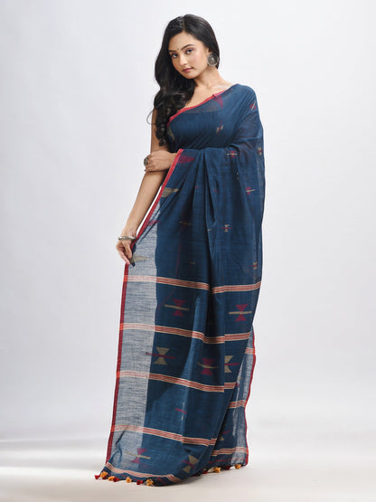 Women's Darck blue cotton pallu stipe with handwoven jamdani saree