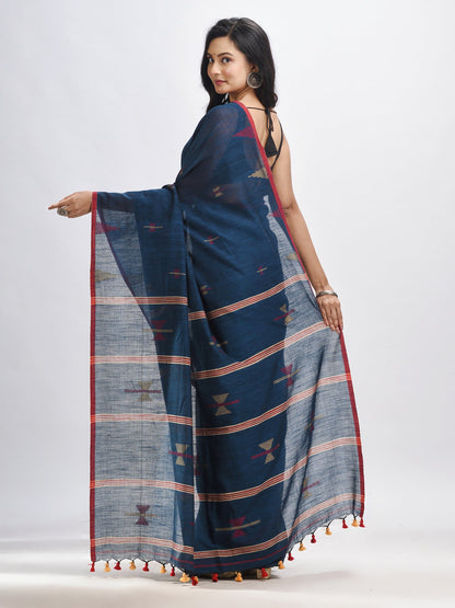 Women's Darck blue cotton pallu stipe with handwoven jamdani saree