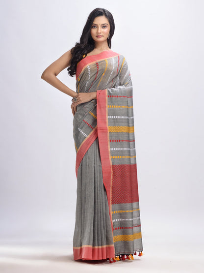 Women's Medium grey cotton handwoven jamdani saree