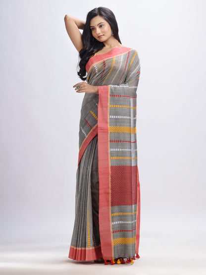 Women's Medium grey cotton handwoven jamdani saree