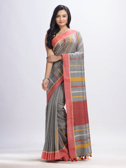 Women's Medium grey cotton handwoven jamdani saree