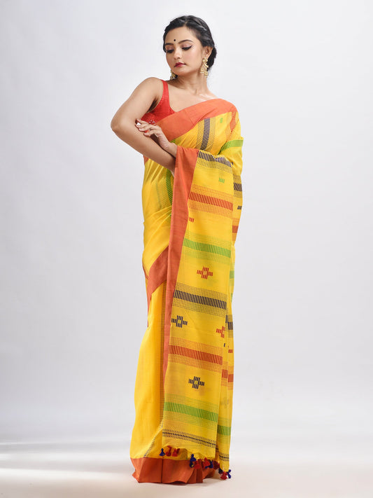 Women's Yellow cotton handwoven jamdani saree
