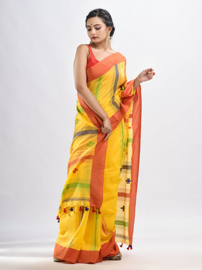 Women's Yellow cotton handwoven jamdani saree