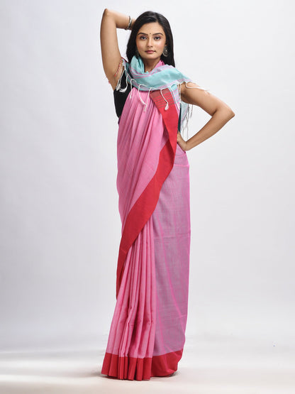 Women's Pink cotton with solid body in sky blue pallu handloom saree