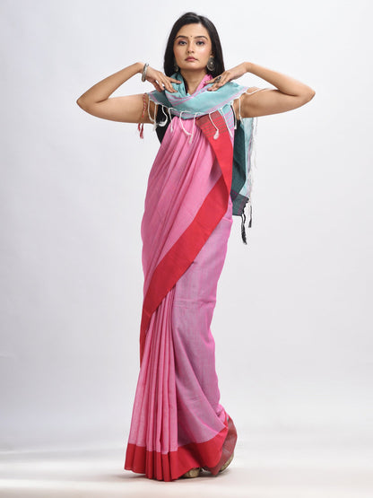 Women's Pink cotton with solid body in sky blue pallu handloom saree