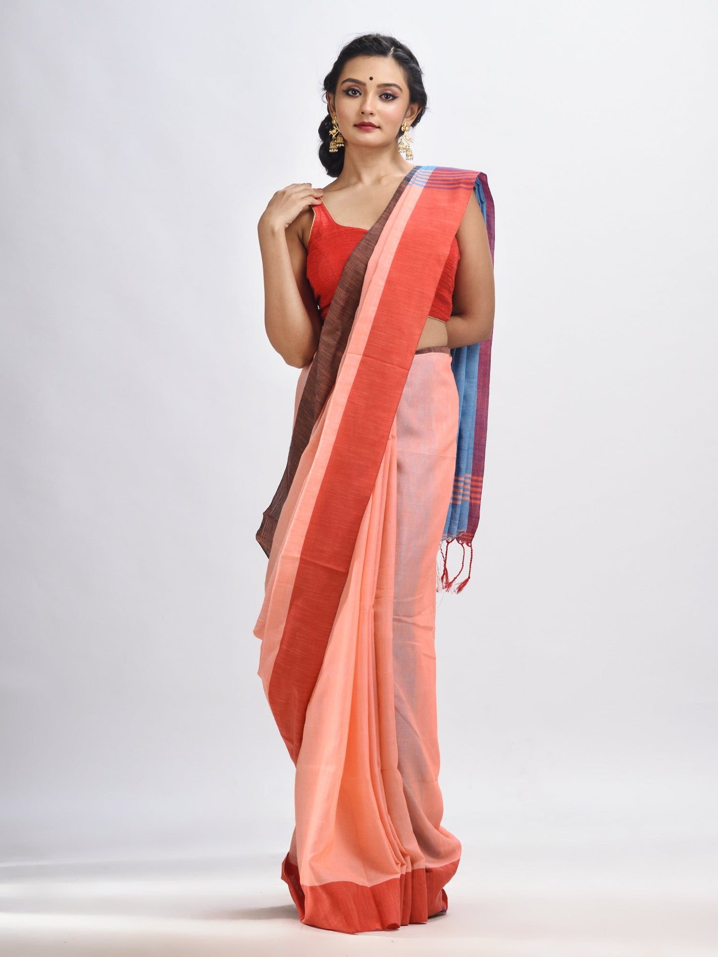 Women's Dark peach cotton with solid body in sky blue pallu handloom saree
