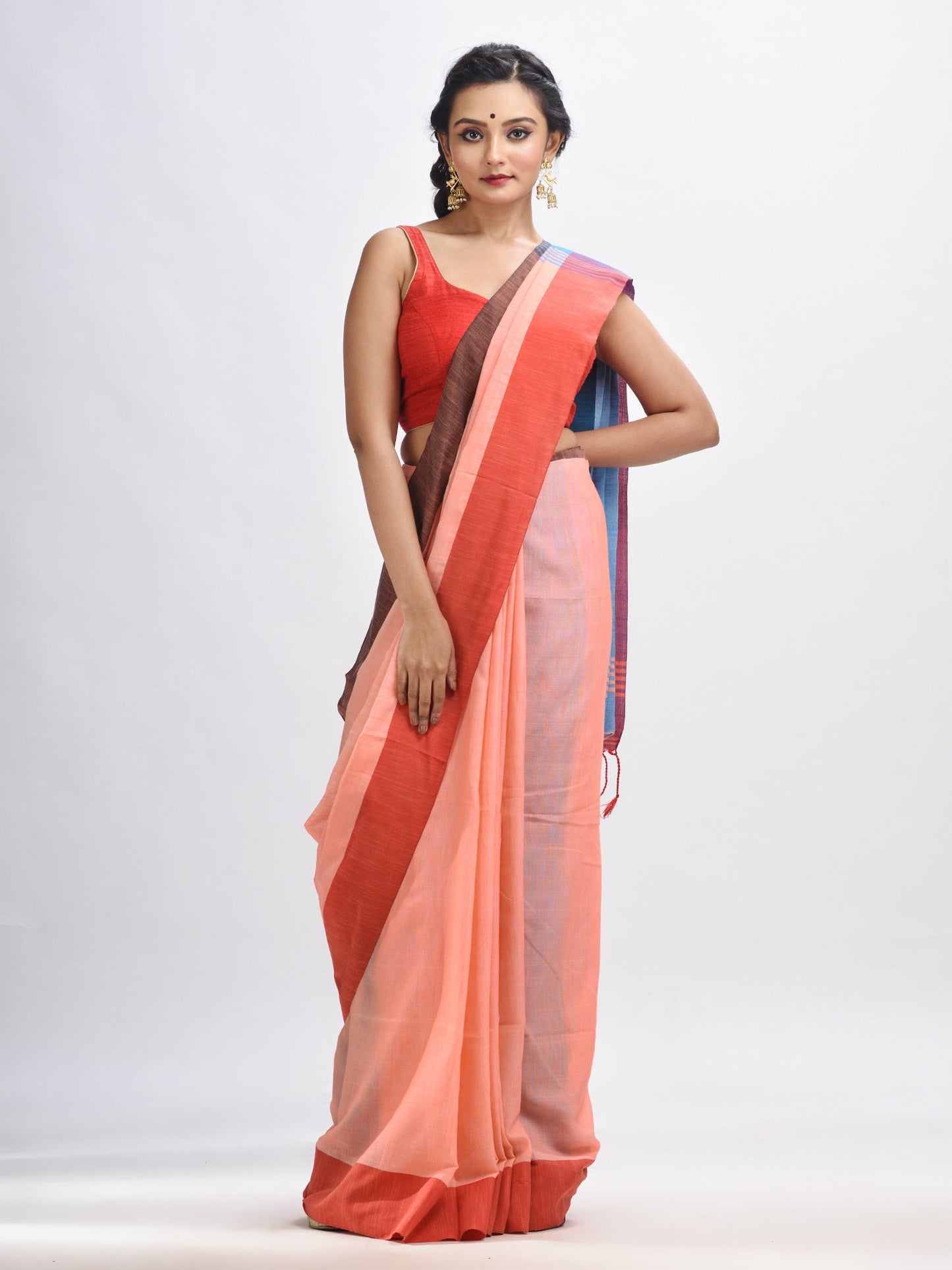 Women's Dark peach cotton with solid body in sky blue pallu handloom saree