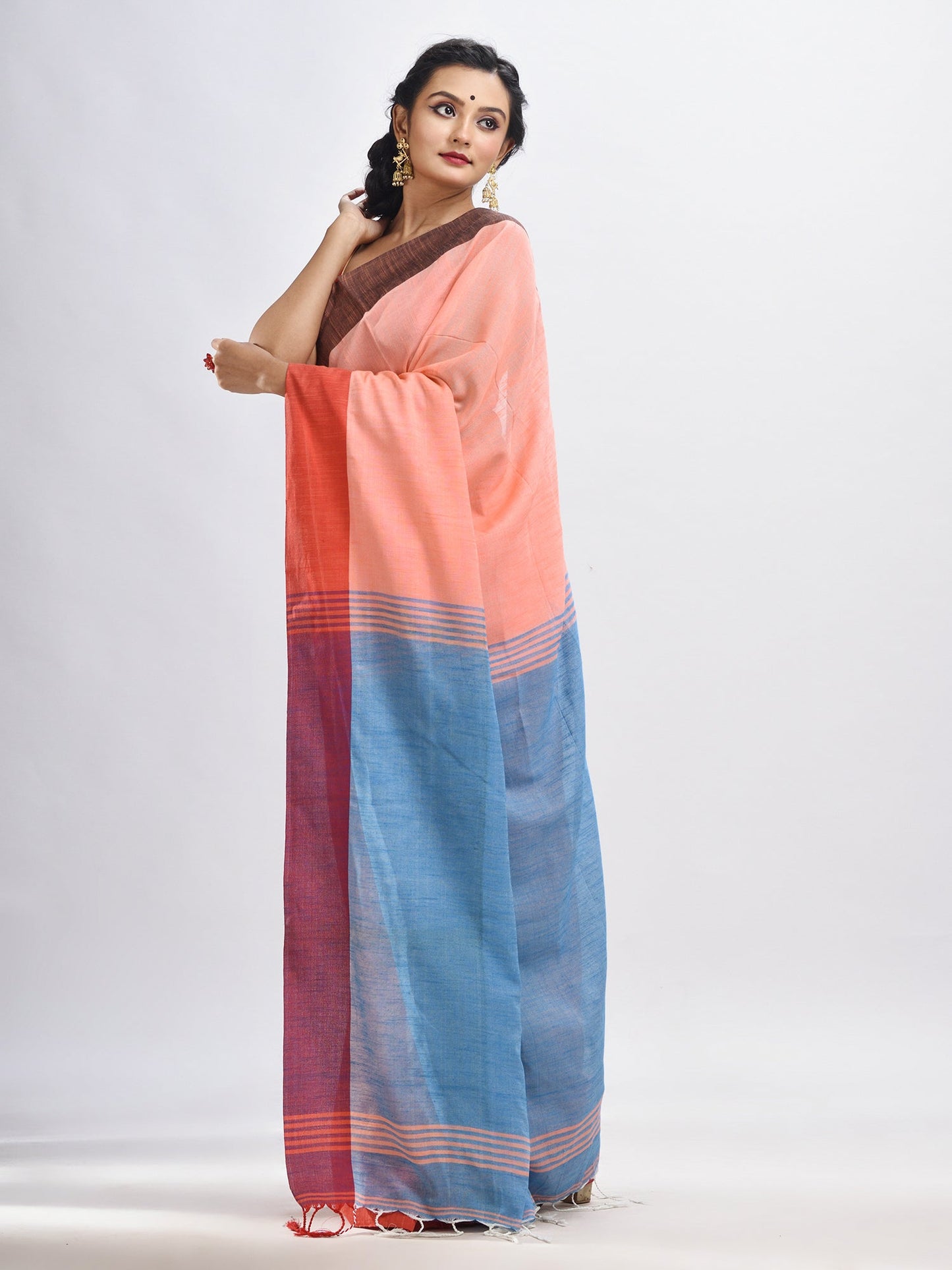 Women's Dark peach cotton with solid body in sky blue pallu handloom saree