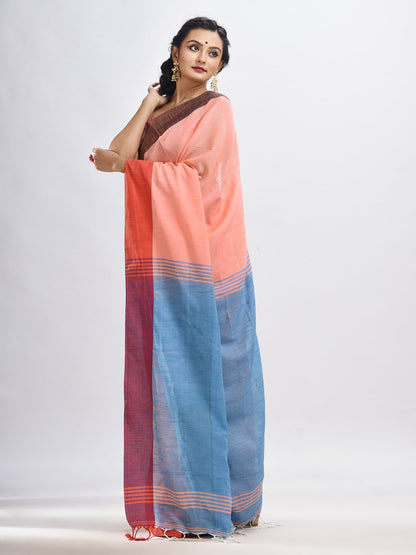 Women's Dark peach cotton with solid body in sky blue pallu handloom saree