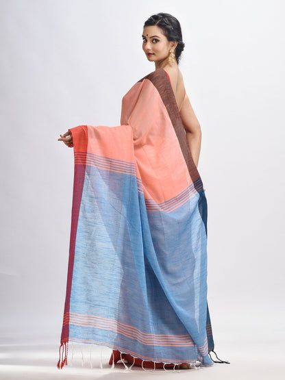 Women's Dark peach cotton with solid body in sky blue pallu handloom saree