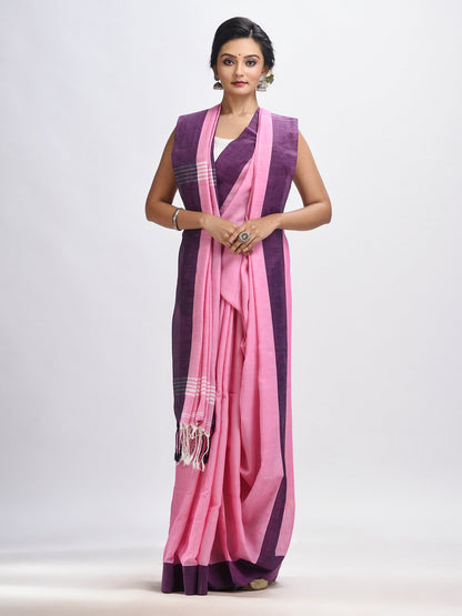 Women's Pink cotton solid body handloom saree