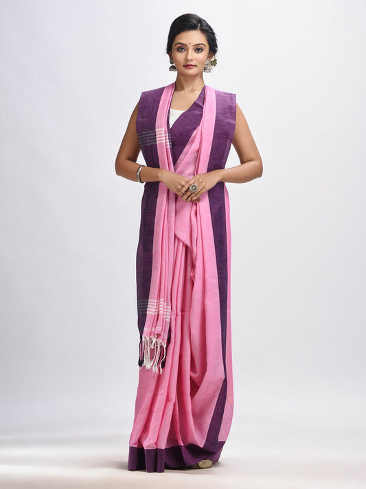 Women's Pink cotton solid body handloom saree