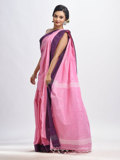 Women's Pink cotton solid body handloom saree