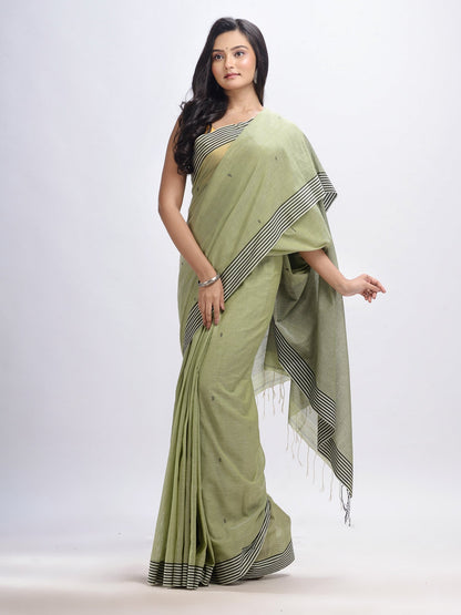 Women's Sage green cotton handloom with pallu stipe jamdani saree