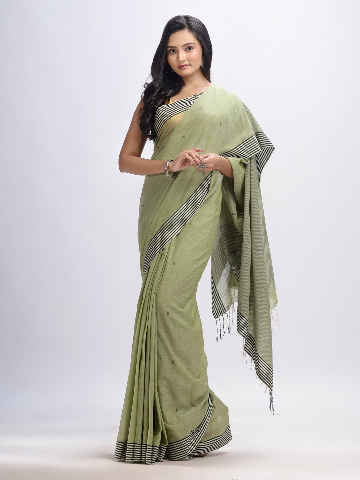 Women's Sage green cotton handloom with pallu stipe jamdani saree