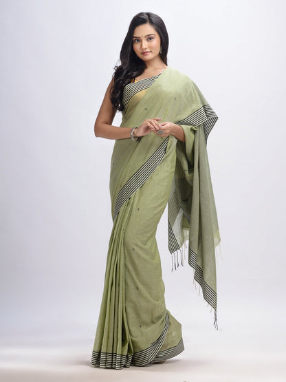 Women's Sage green cotton handloom with pallu stipe jamdani saree