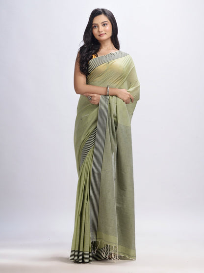 Women's Sage green cotton handloom with pallu stipe jamdani saree