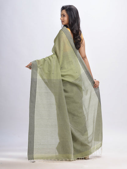 Women's Sage green cotton handloom with pallu stipe jamdani saree