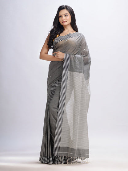 Women's Grey cotton handloom with pallu stipe jamdani saree